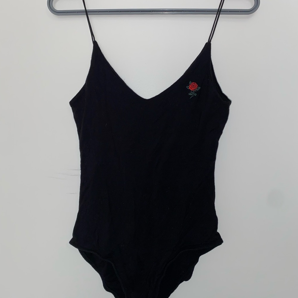 Black Bodysuit with Rose Embroidery